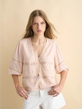 SONMER. NWT. Soft Pink Embroidered V-Neck Blouse